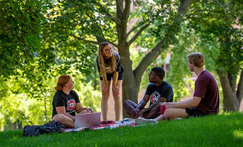 Students in a study group outdoors on the SCSU campus